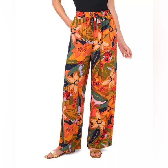 CeCe Pants - CeCe Women's Floral Wide Leg Drawstring Pant - Large